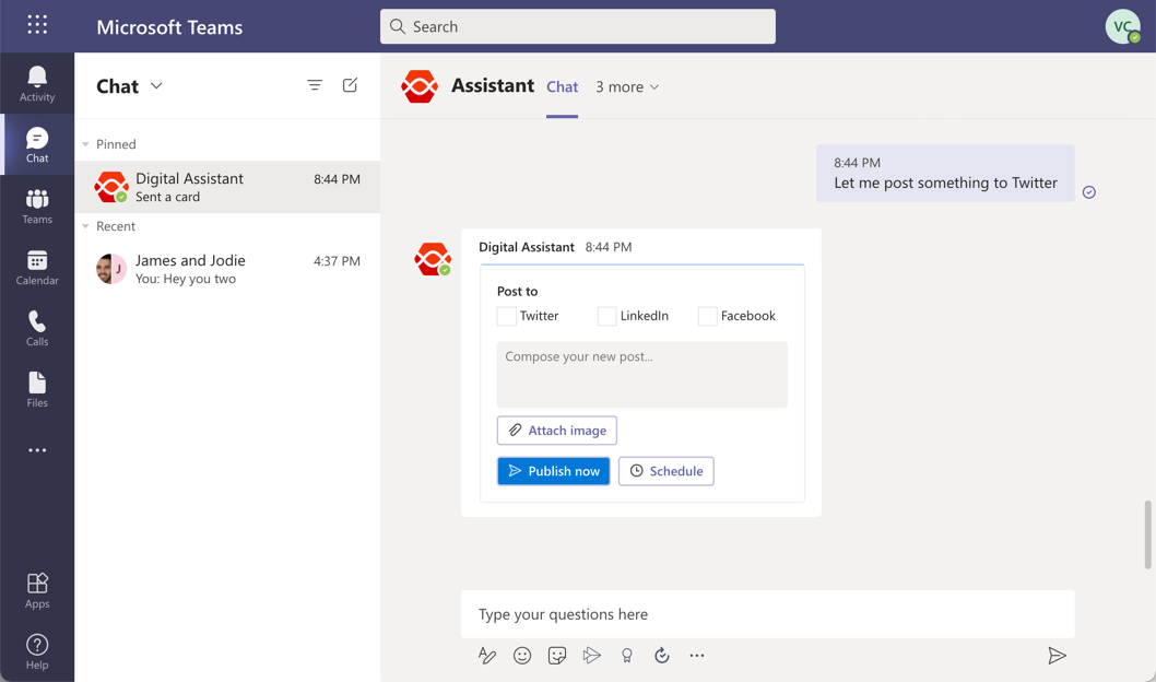 A user interacting with their Digital Assistant from within Microsoft Teams, using the Twitter integration to create a new tweet