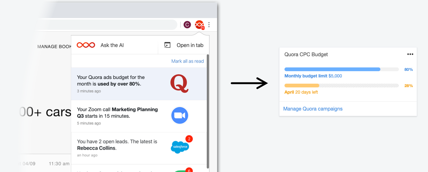 A Quora Card from Digital Assistant in the Digital Assistant Chrome extension, as well as in it's full form, visualizing a CPC campaign budget