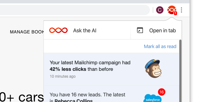 A Mailchimp Card from Digital Assistant in the Digital Assistant Chrome extension displaying a notification update about a recent campaign