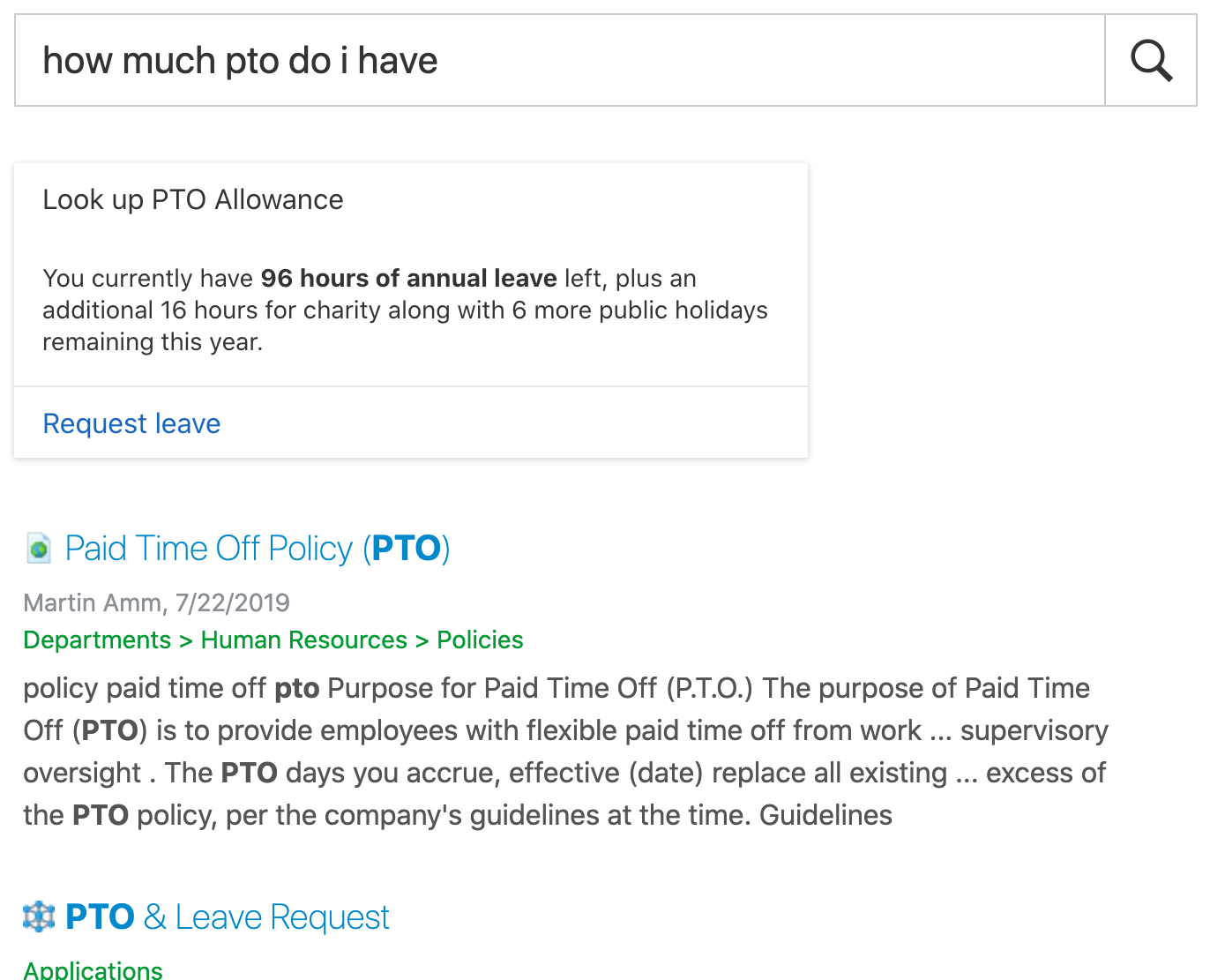 Intranet search with enhanced search results from connected business apps