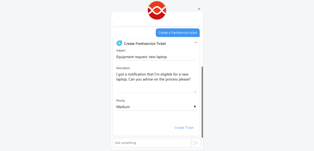 Digital Assistant Card using the Freshservice integration to display a form, allowing a user to create a new ticket