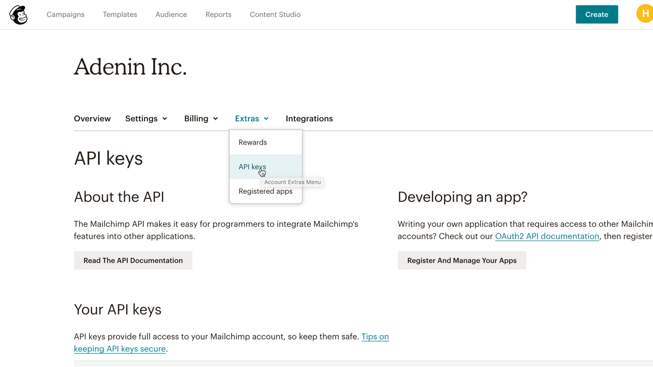 Getting an API key from Mailchimp for platform integration