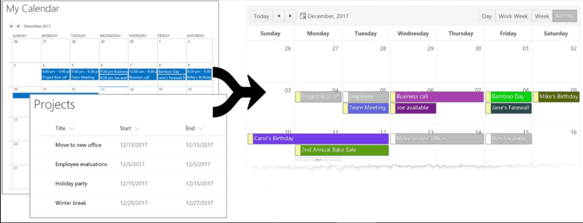 Screenshot of Bamboo Calendar aggregating multiple calendars into SharePoint