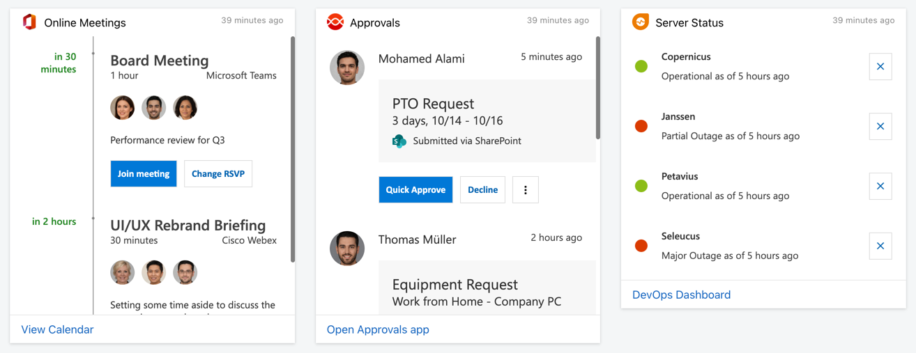 Three Digital Assistant Cards displaying demo data from Microsoft 365 and other demo sources