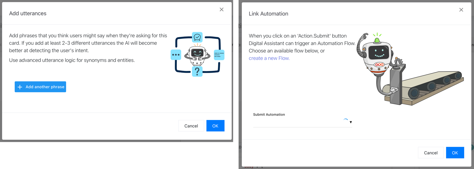 Two modals from Digital Assistant's Adaptive Card Designer, to configure utterances and create automations
