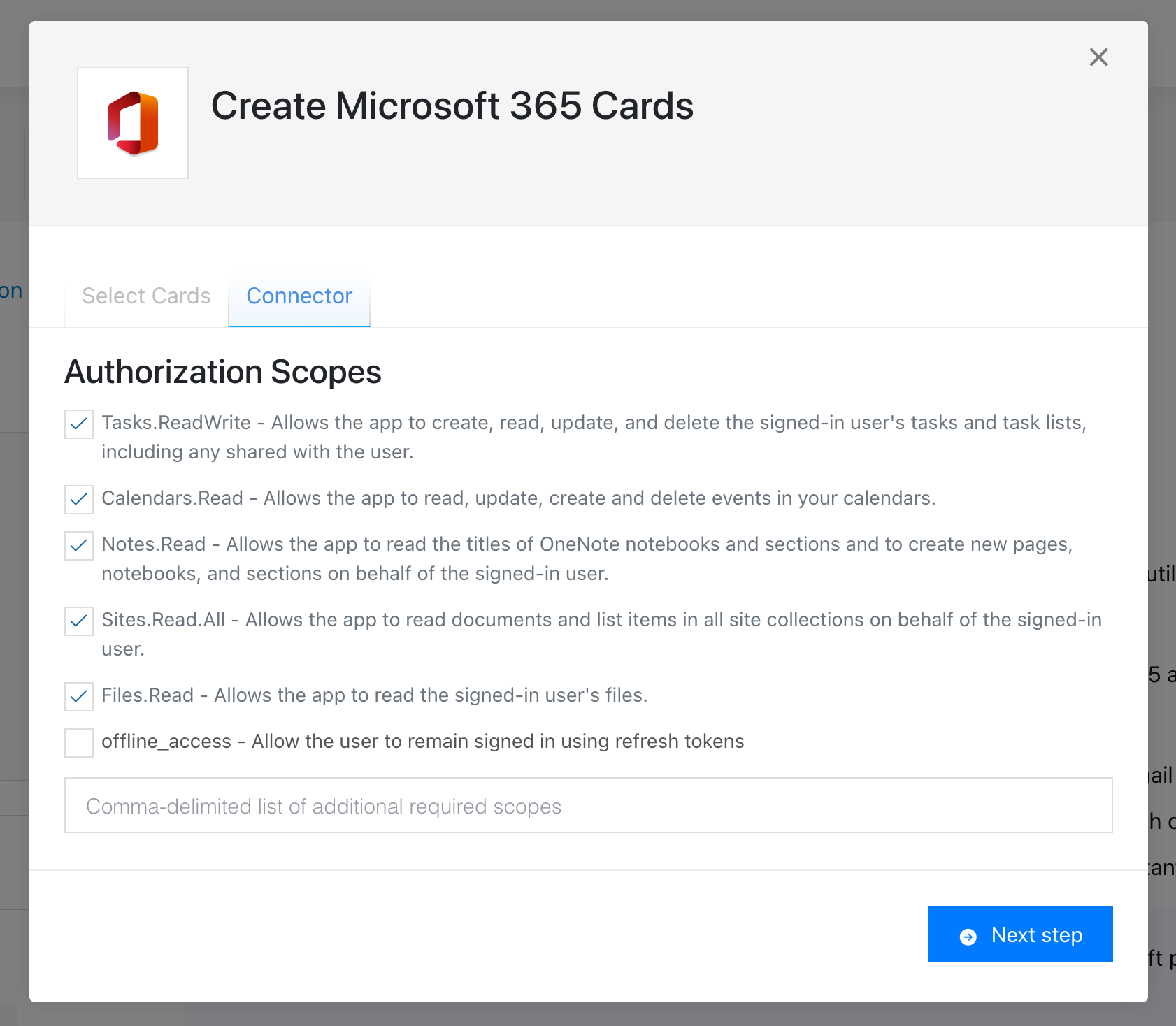 A modal for the Microsoft 365 connector, showing a list of available API scopes