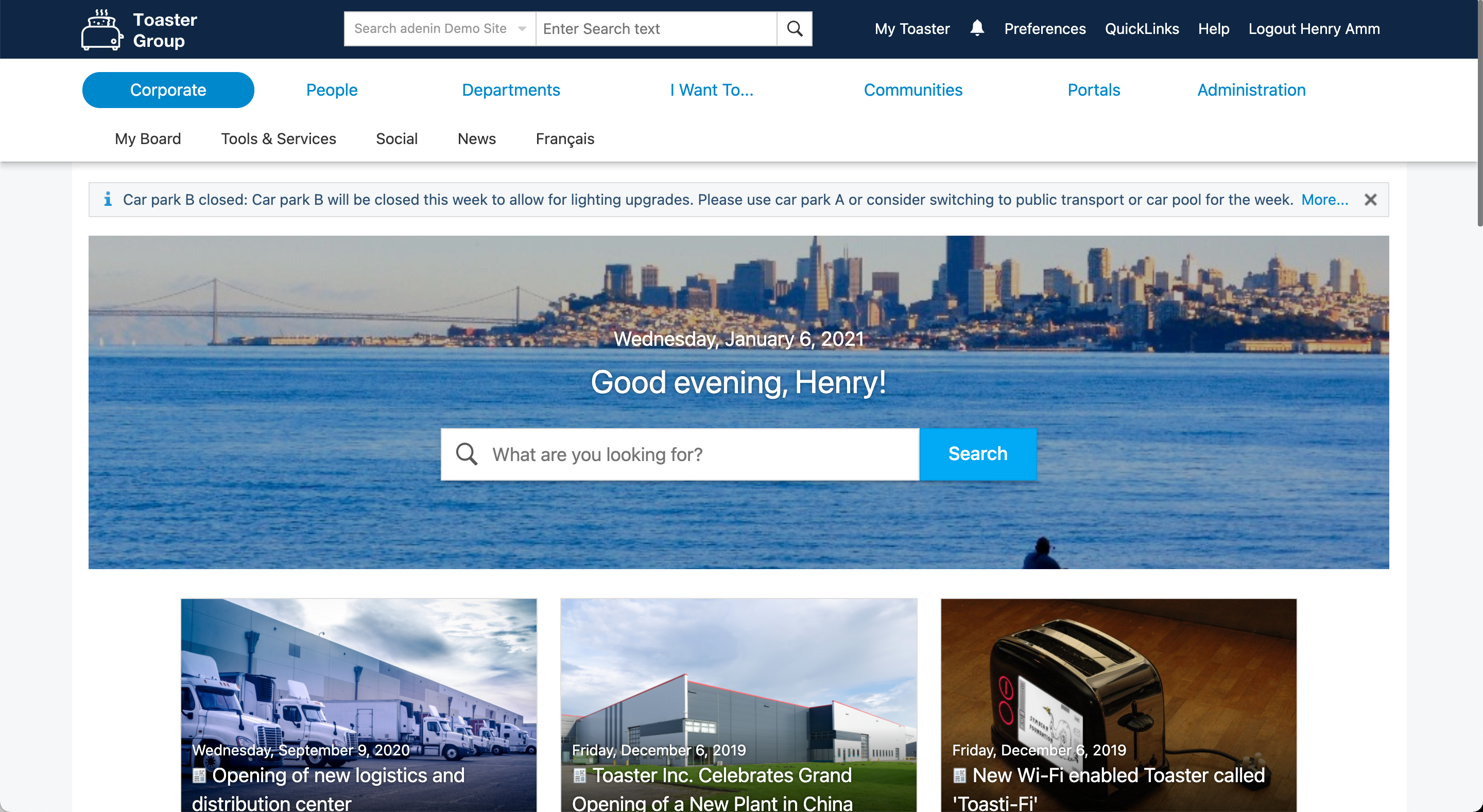 IntelliEnterprise 15 intranet with new homepage portlets