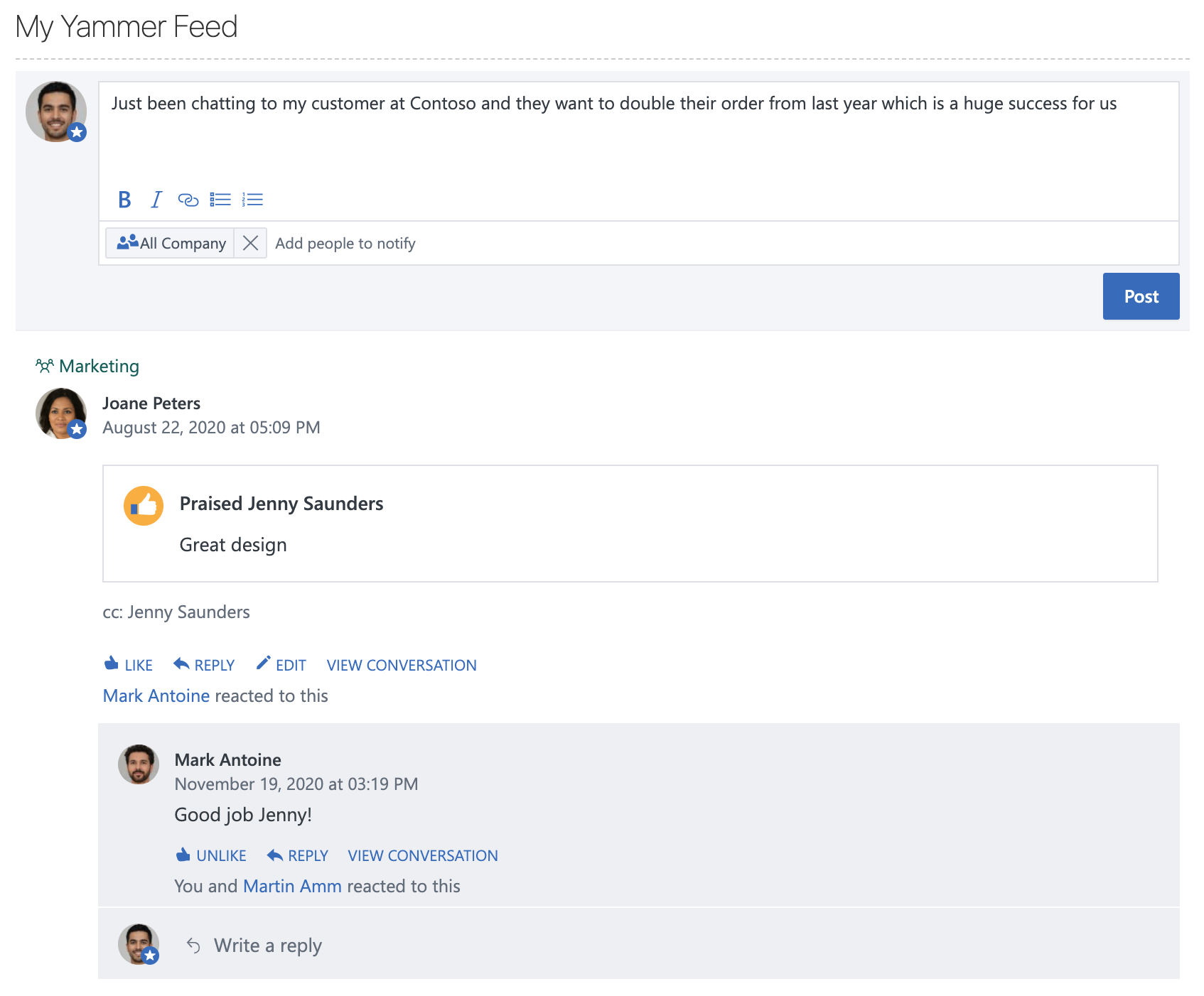 New Yammer feed inside IntelliEnterprise intranet software