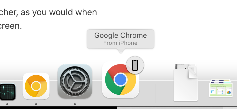Mac OS Dock showing the Google Chrome app using Handoff to display a tab from an iPhone