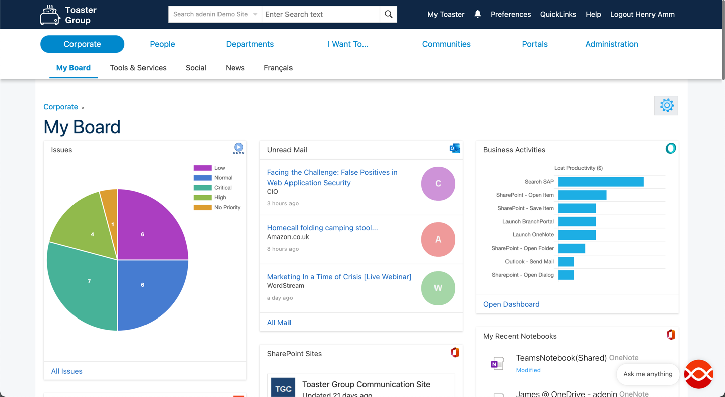 Digital Assistant board embedded in IntelliEnterprise intranet