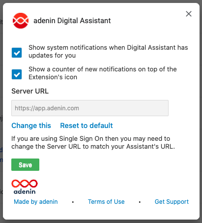 Updated configuration panel for the Digital Assistant Chrome extension