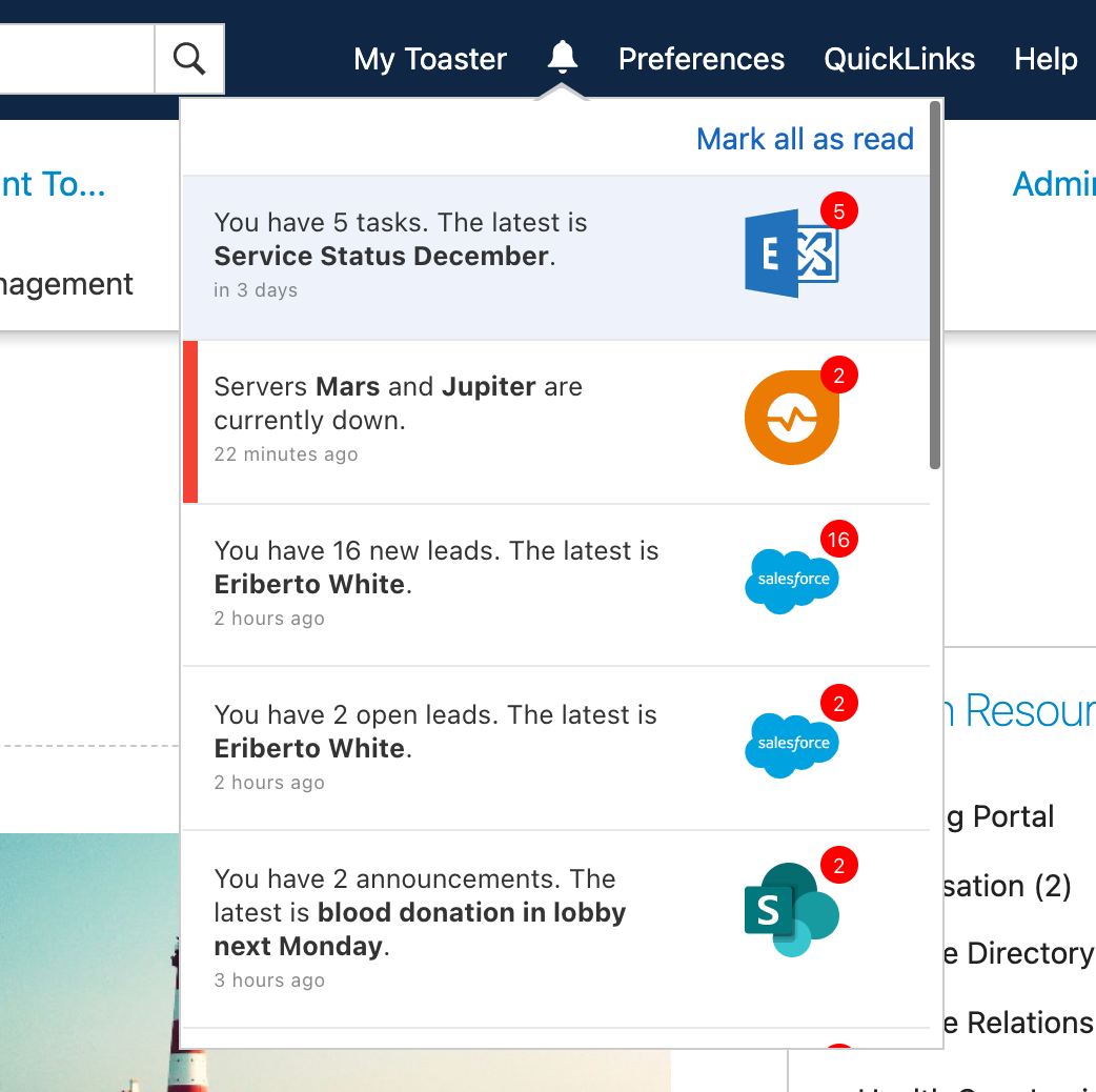 Digital Assistant workplace app notifications inside intranet
