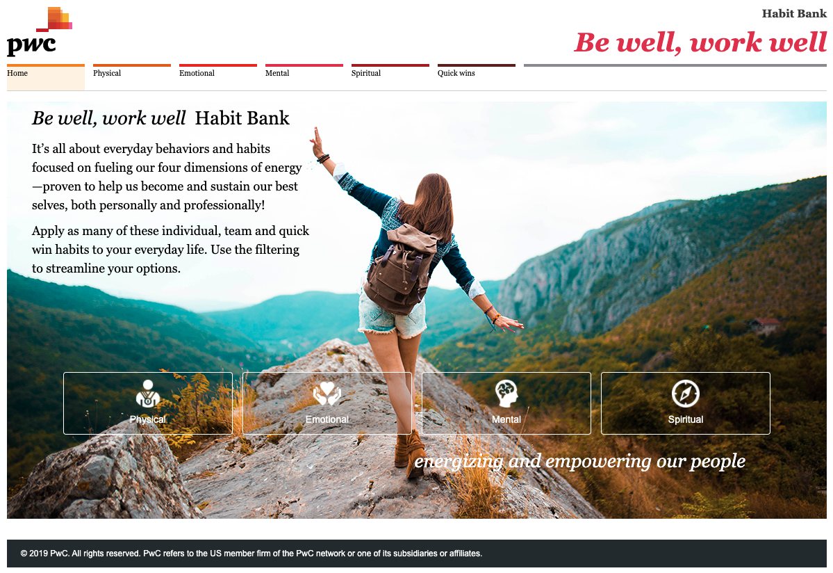 Example of PwC's intranet showing a 'Habit Bank' for healthy behaviours