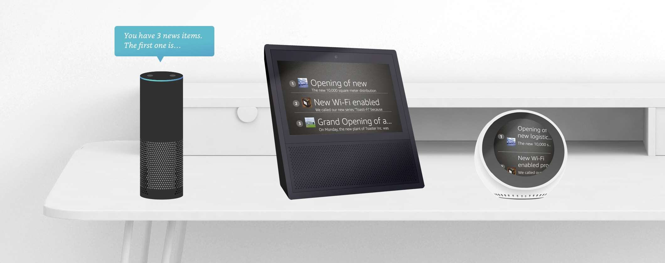 Illustration of Digital Assistant sending responses on an Alexa Show, an Alexa Echo and an Alexa Echo Spot