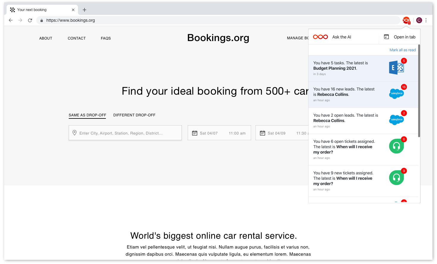The new Digital Assistant Chrome extension showing notifications from popular business apps