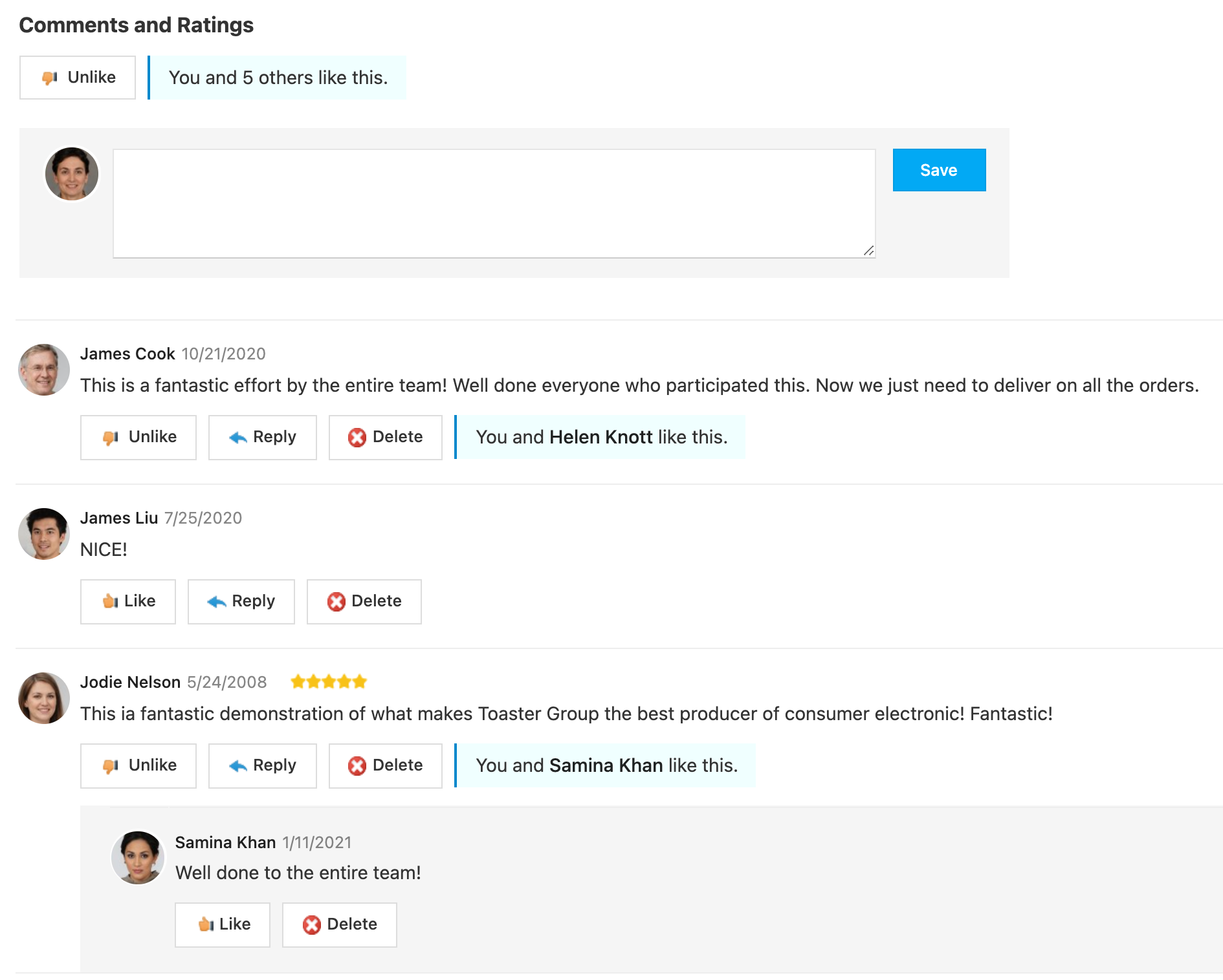 Likes and comments system in IntelliEnterprise intranet software