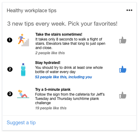 Digital Assistant Card with suggestions for staying healthy at work