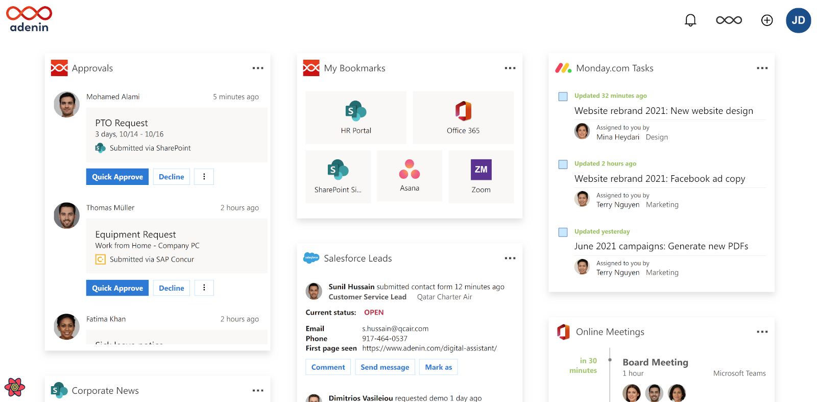 Digital Assistant's new React-based board, displaying numerous Cards from connected apps