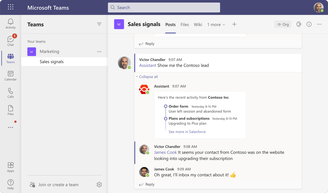 A Microsoft Teams conversation between two users in a Sales channel, with inline Card responses from Digital Assistant