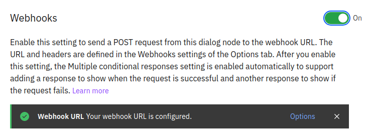 Enabling webhooks on a node in IBM Watson Assistant
