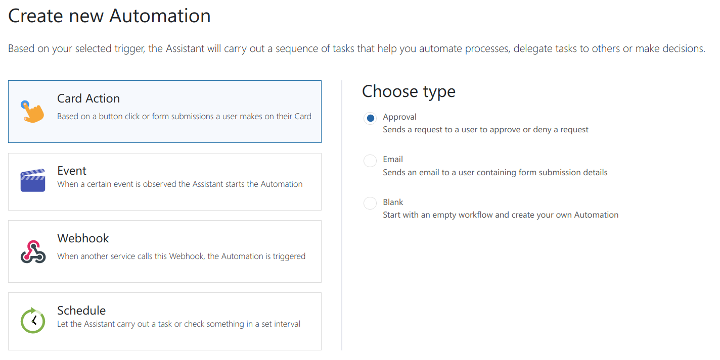 Screenshot of the Automation Wizard in Digital Assistant, showing four options to create a new Automation