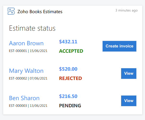 Zoho Books Adaptive Card in Digital Assistant, showing a list of new estimates with their details and status