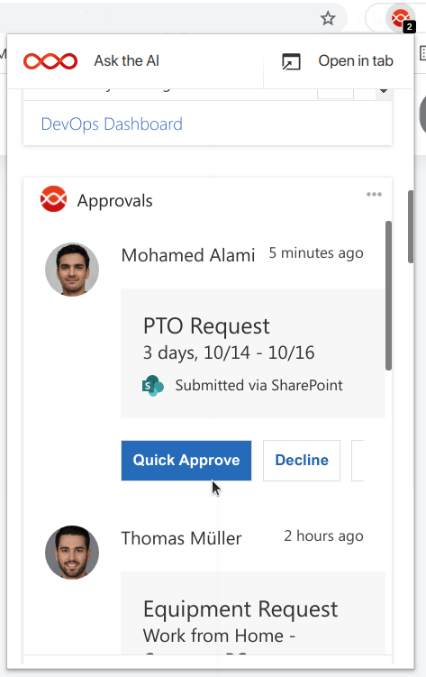 Digital Assistant's Chrome extension, displaying an Approvals Card connected to SharePoint Online