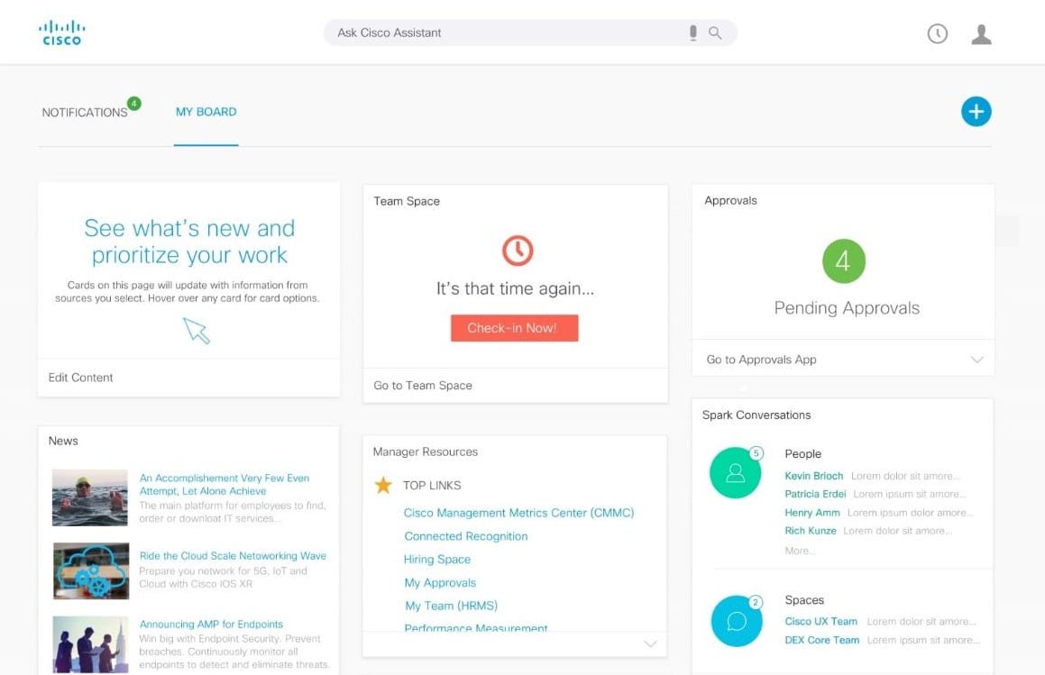 Cisco's customized Digital Assistant Board showing Cards from multiple business applications in one view