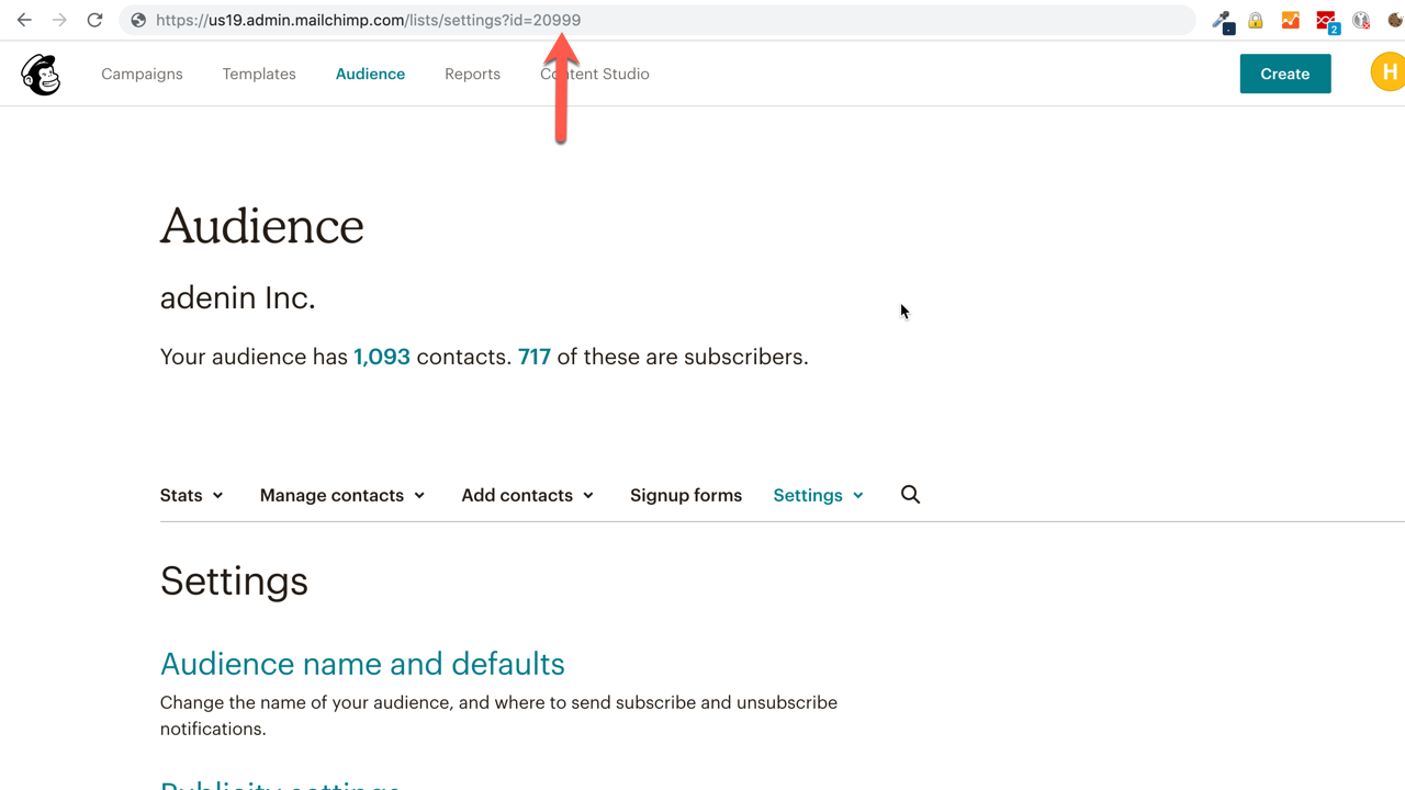How to find a Mailchimp list ID from the Mailchimp website