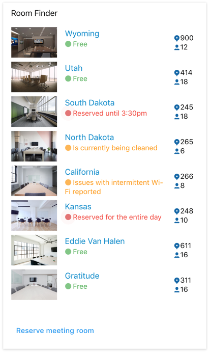Digital Assistant Card showing a location-specific list of meeting rooms and their availability