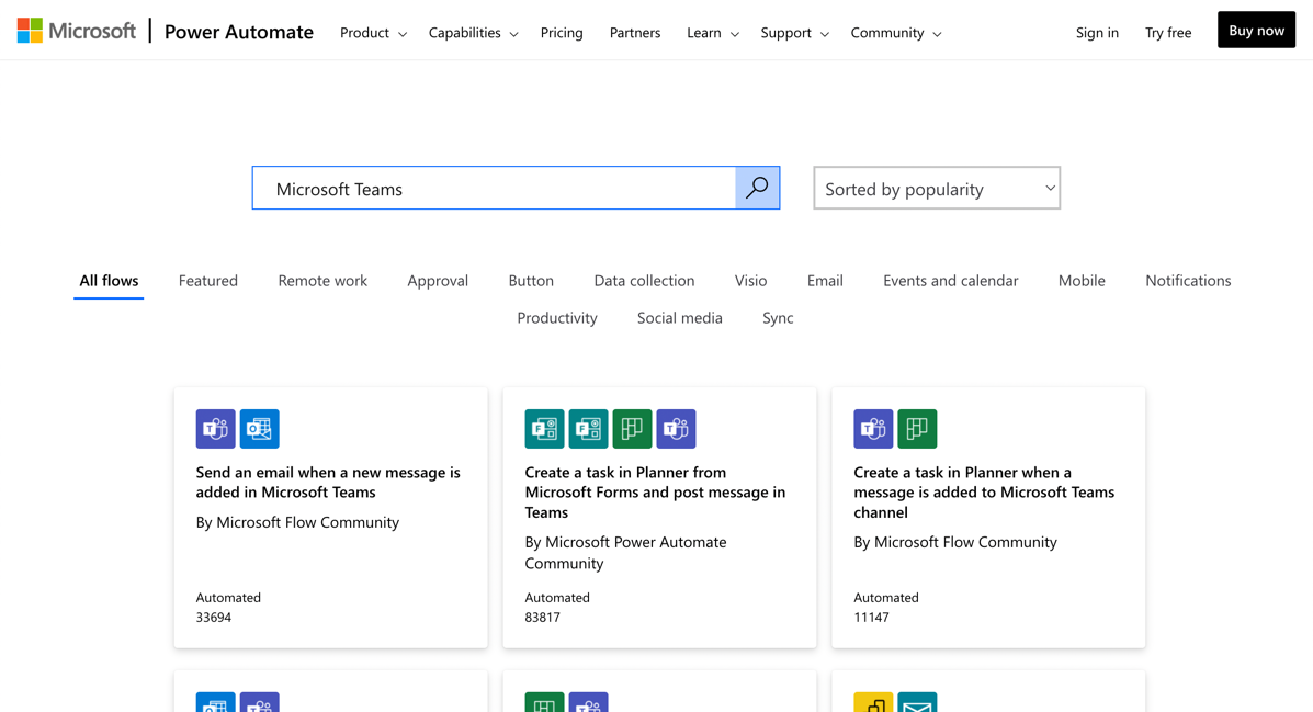 View of Microsoft Teams templates in Power Automate