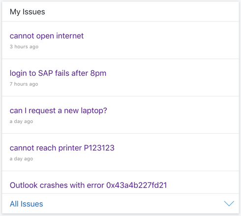 Digital Assistant Card showing a list of open issues from a Helpdesk application