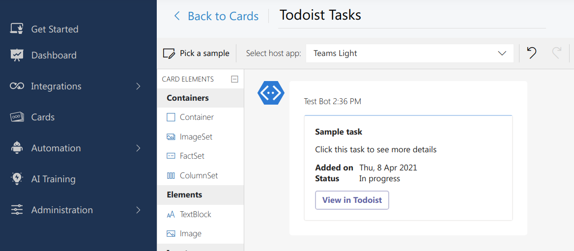 Digital Assistant's Adaptive Cards Designer being used to create a new Card using the Todoist integration
