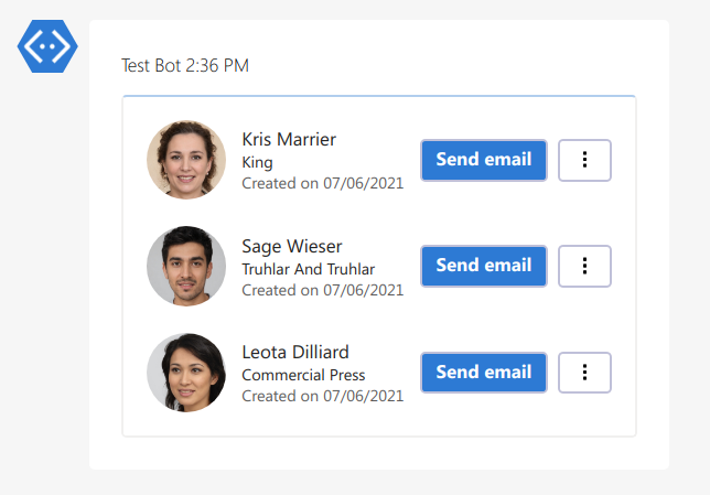 Zoho CRM Card in Digital Assistant's Adaptive Card Designer, showing a list of new leads in the user's CRM